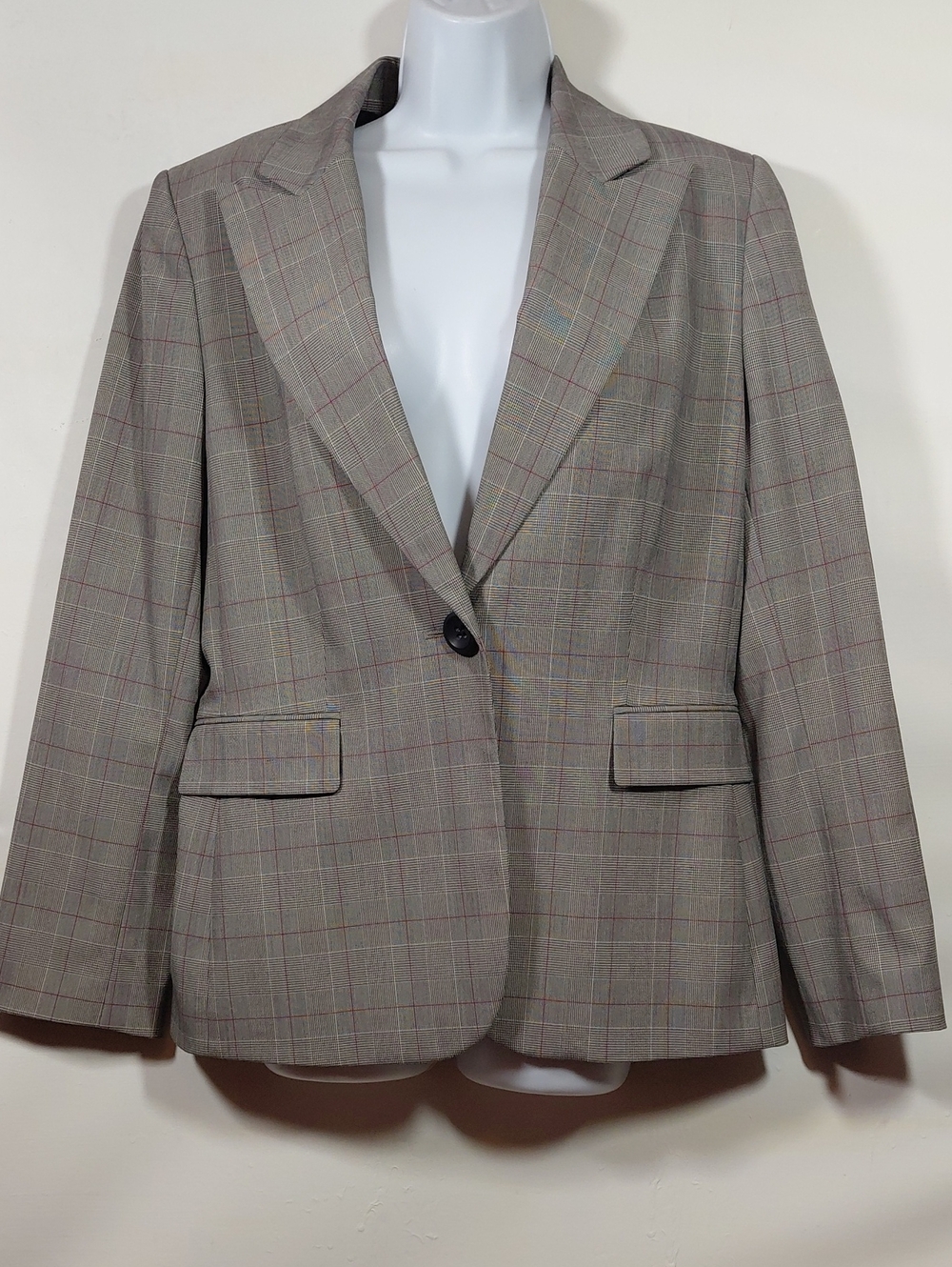Tahari Classic Plaid Single-Button Women's Pants Suit Taupe Gray Size 12